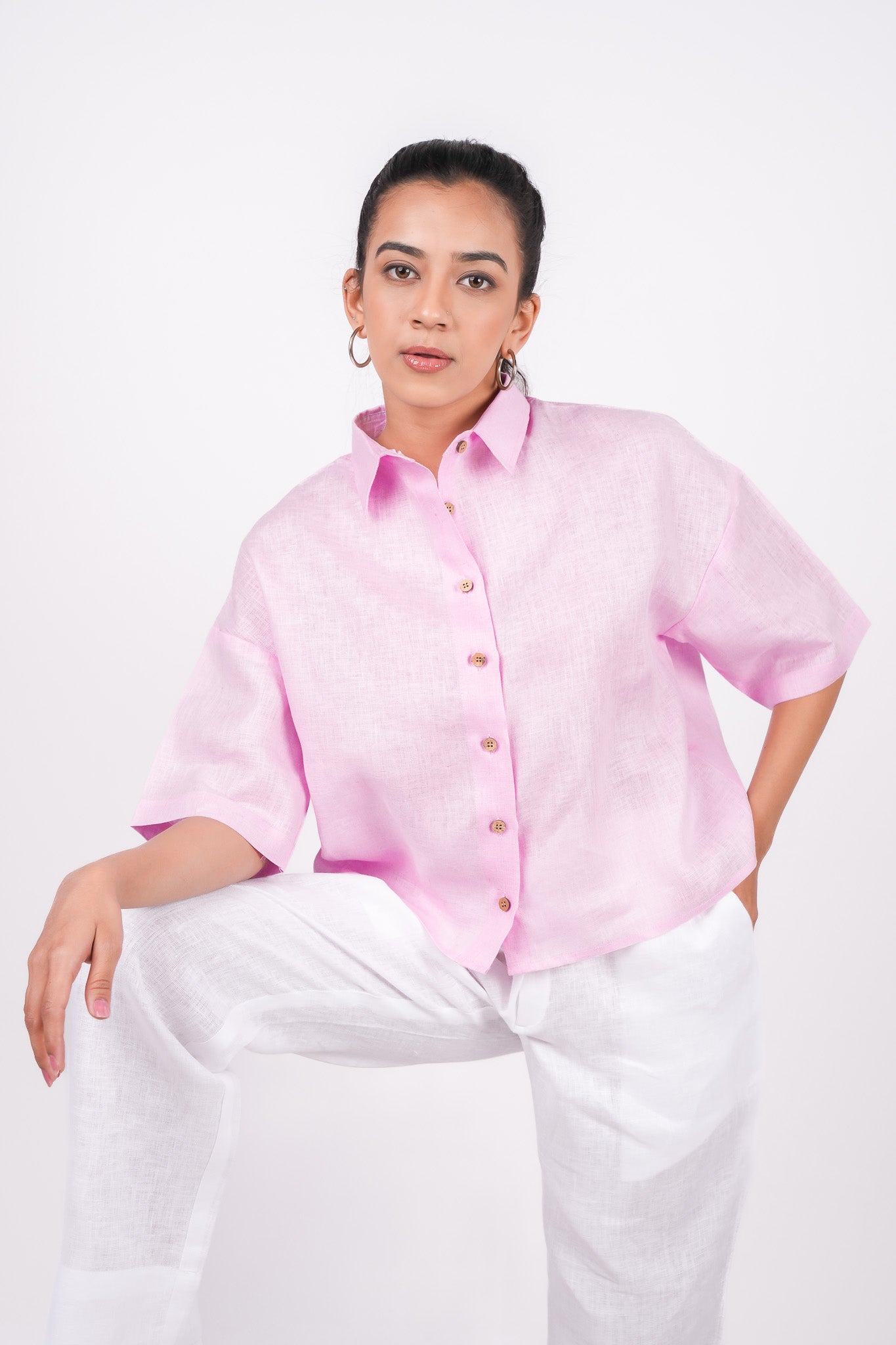 Baby Pink Linen Drooping Shoulder Shirt