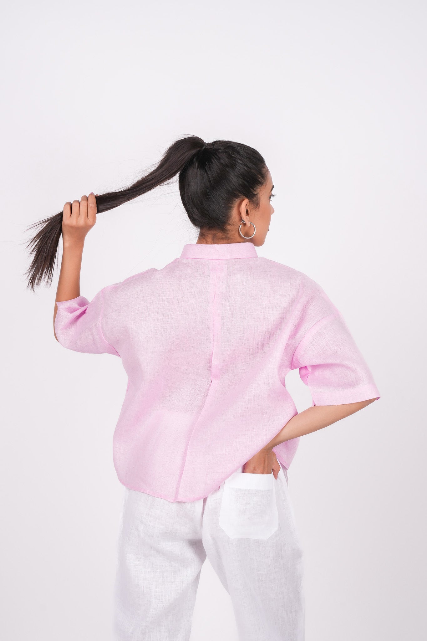 Baby Pink Linen Drooping Shoulder Shirt