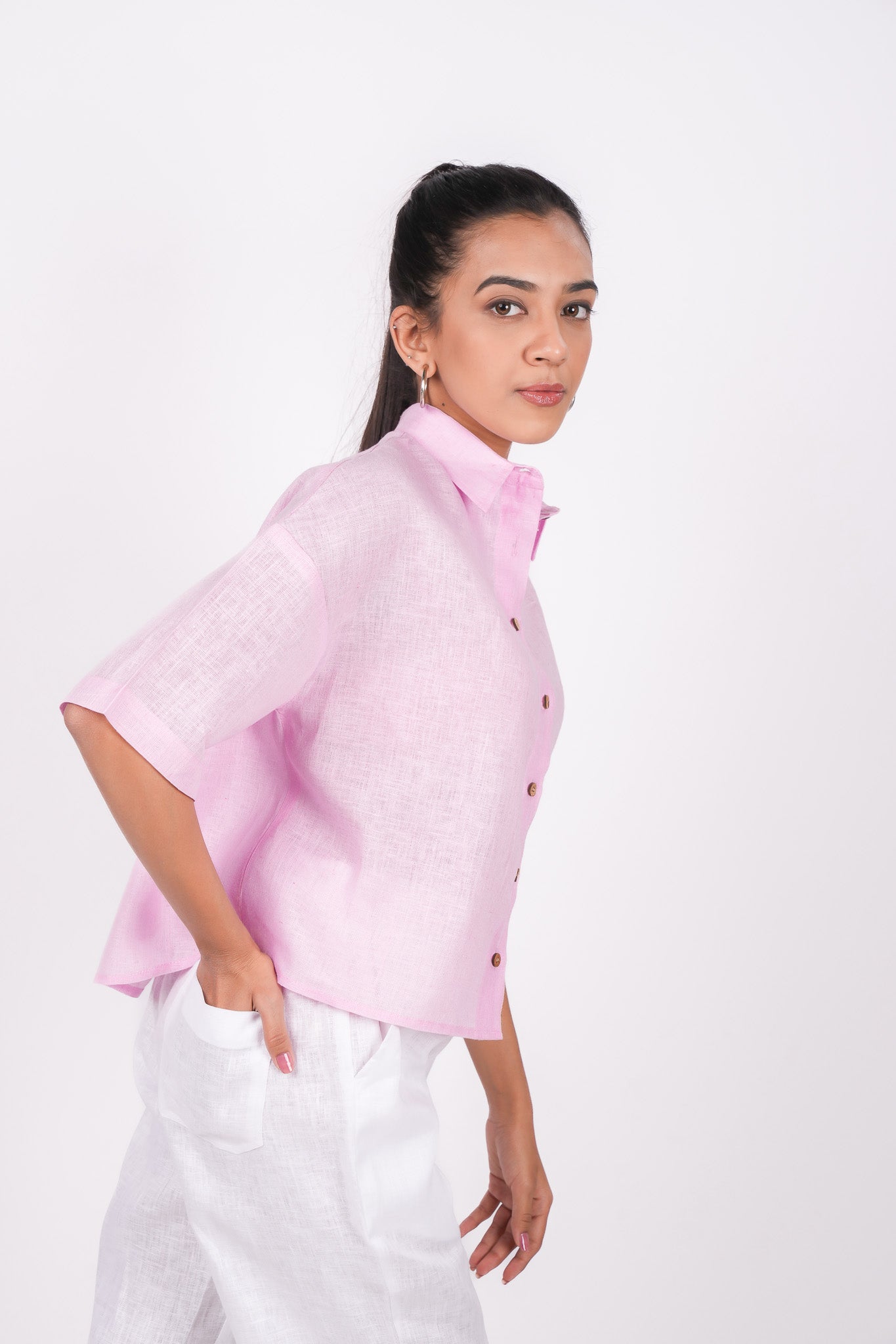 Baby Pink Linen Drooping Shoulder Shirt