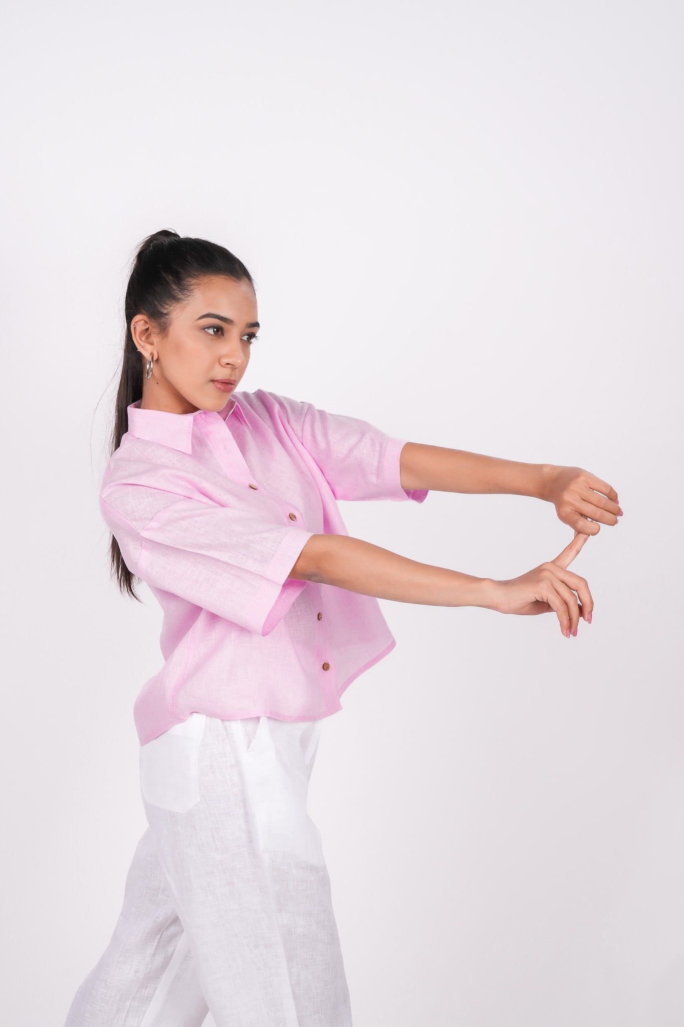 Baby Pink Linen Drooping Shoulder Shirt