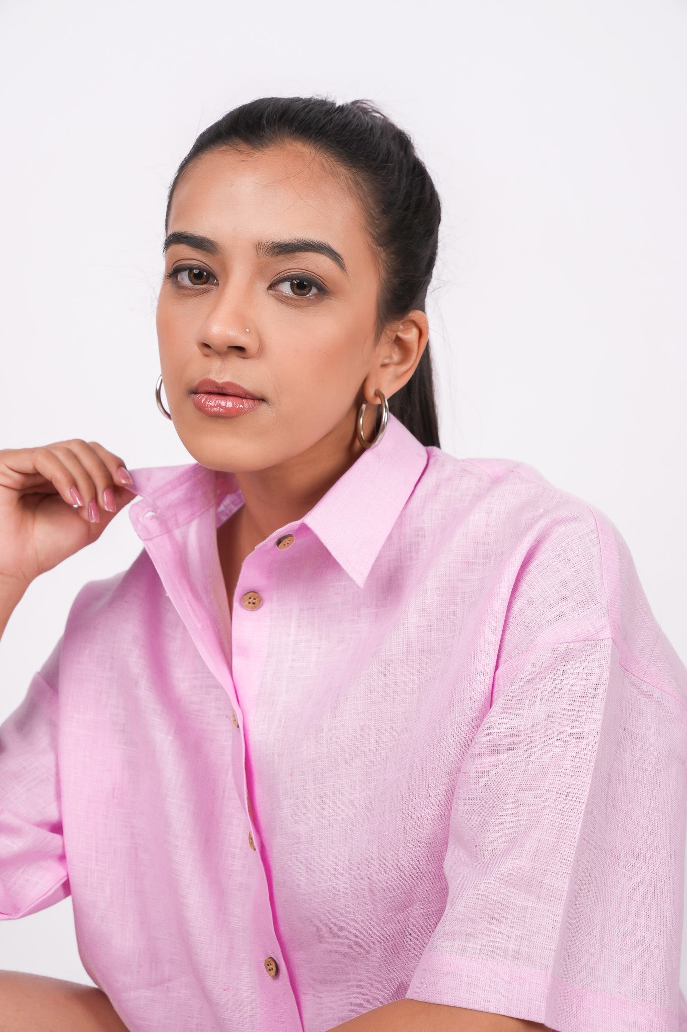 Baby Pink Linen Drooping Shoulder Shirt