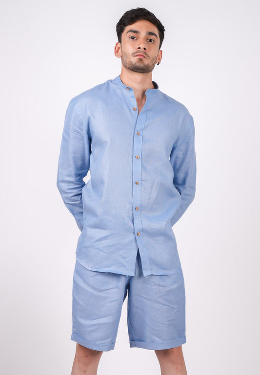 Ocean Blue Co-ord Set- Includes Pair of Shorts and Chinese Collar shirt