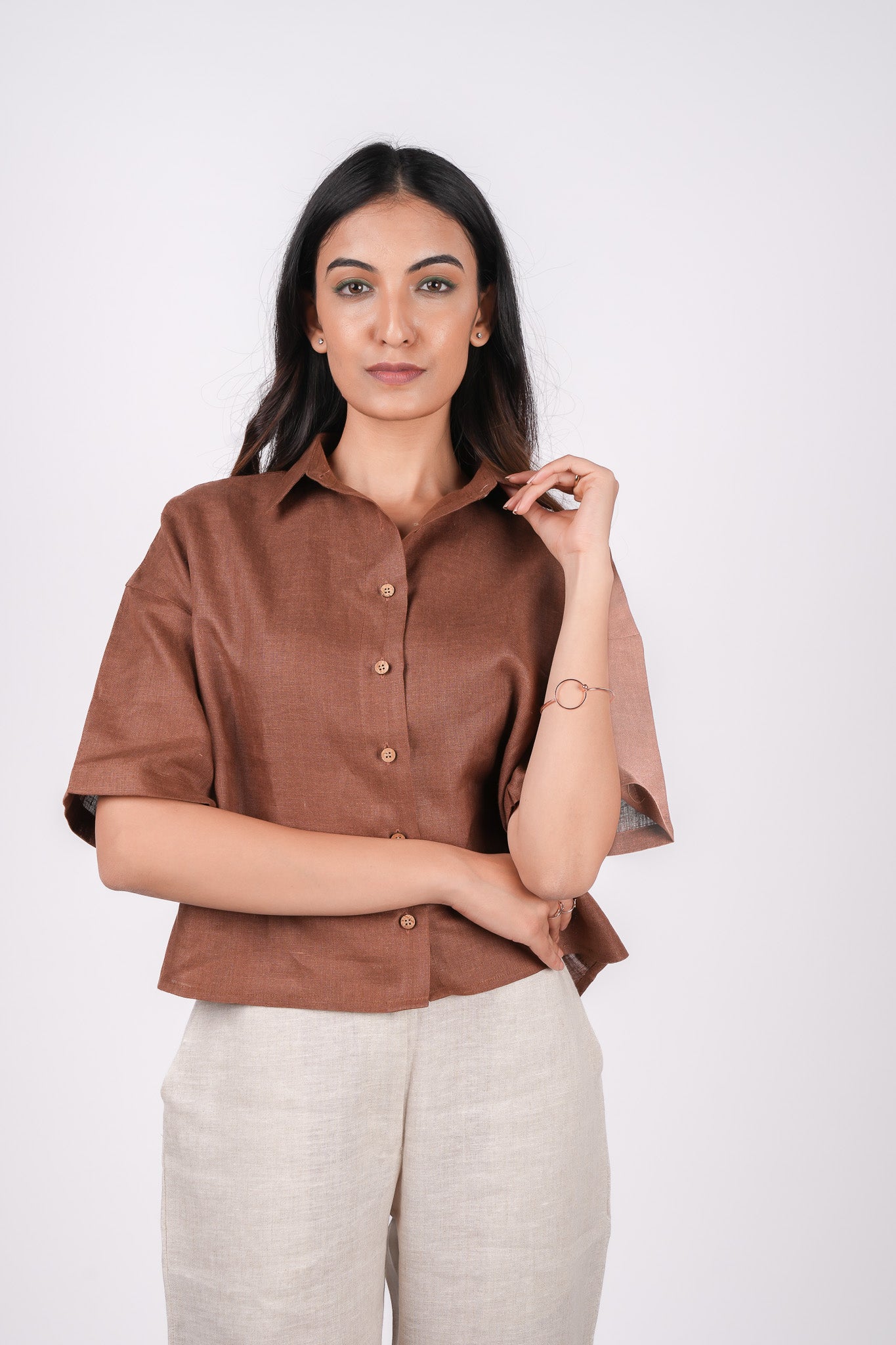 Mocha Brown Linen Drooping Shoulder Shirt