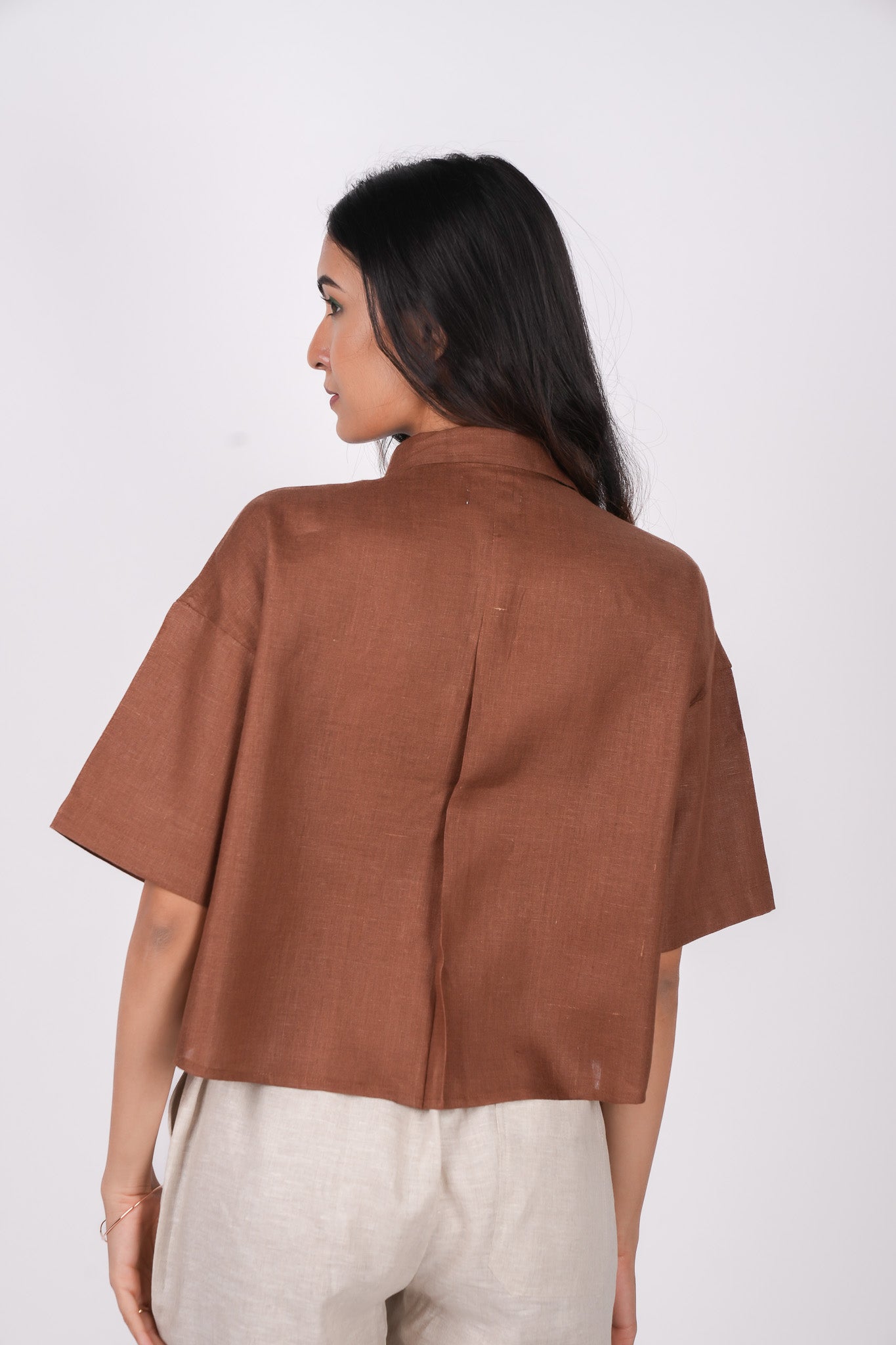 Mocha Brown Linen Drooping Shoulder Shirt