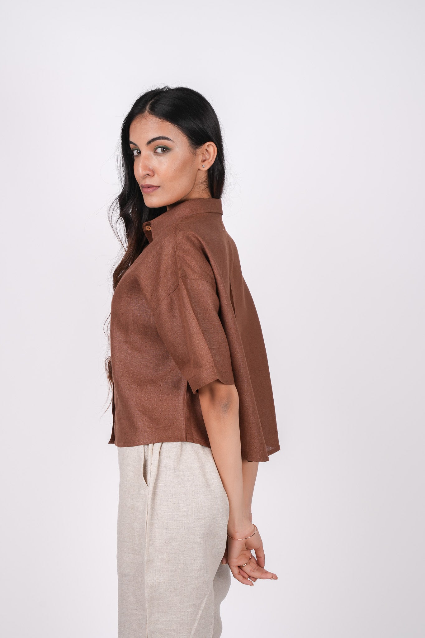 Mocha Brown Linen Drooping Shoulder Shirt