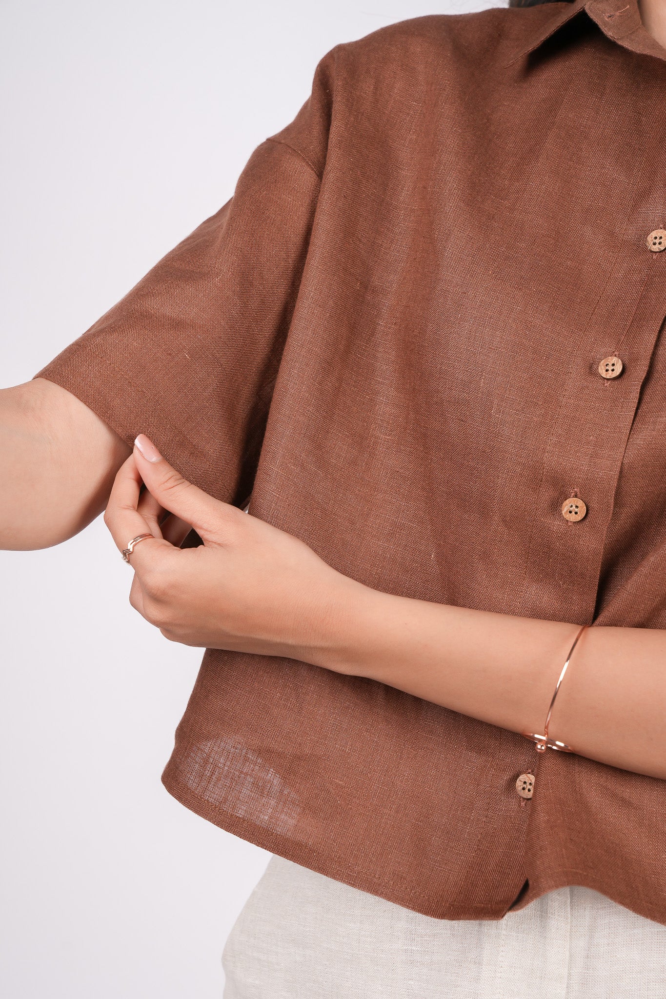 Mocha Brown Linen Drooping Shoulder Shirt