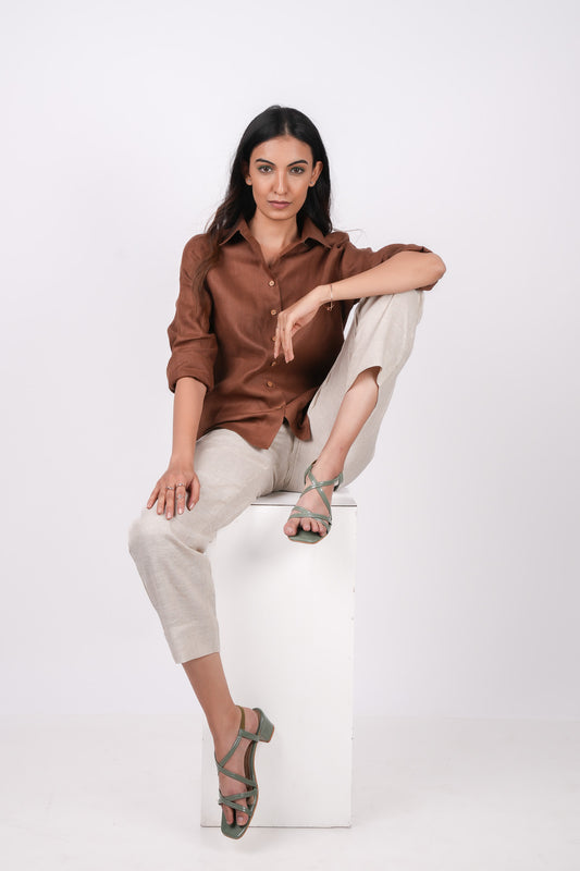 Mocha Brown Full Sleeves Spread Collar Linen Shirt