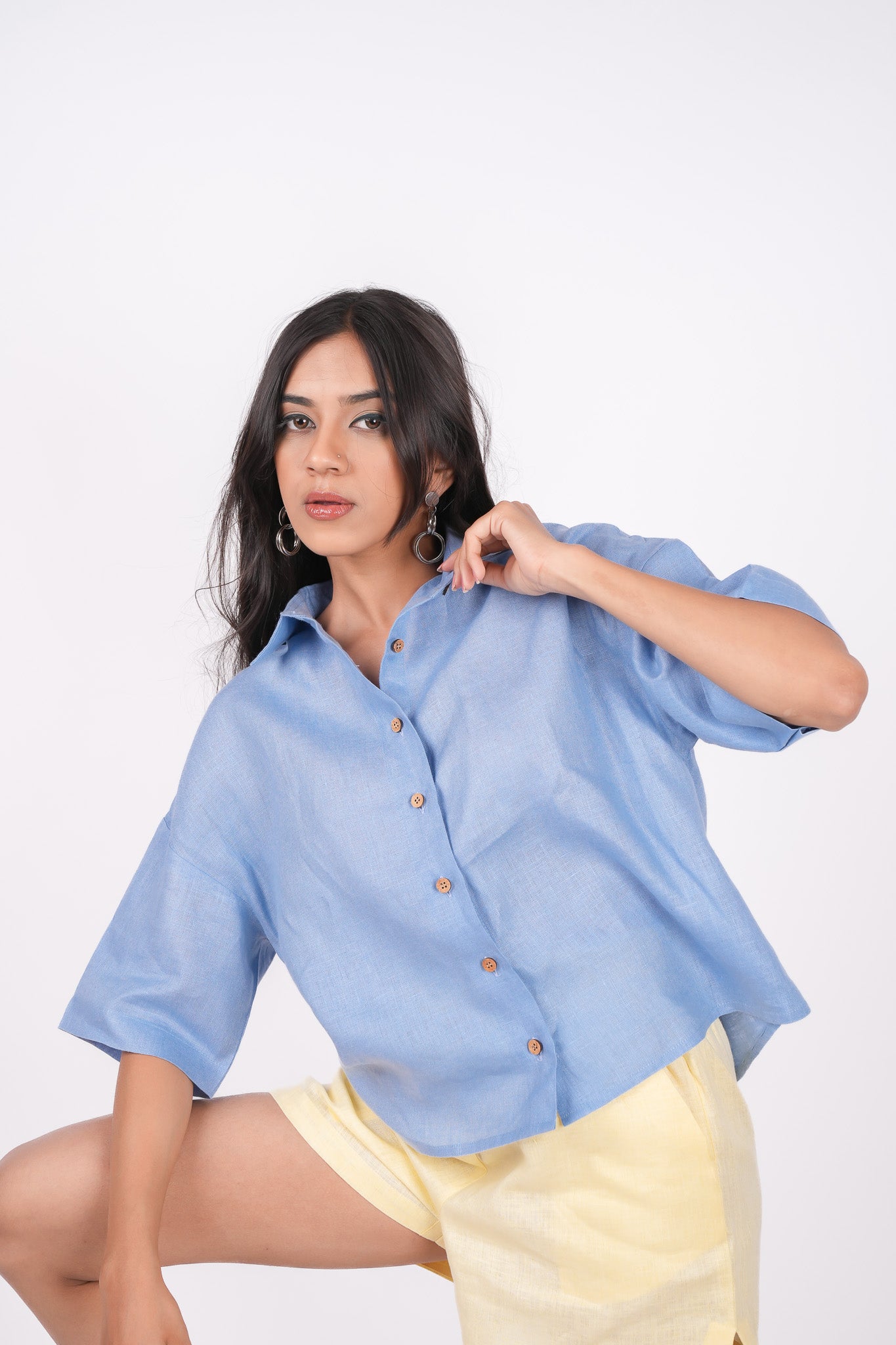 Ocean Blue Linen Drooping Shoulder Shirt