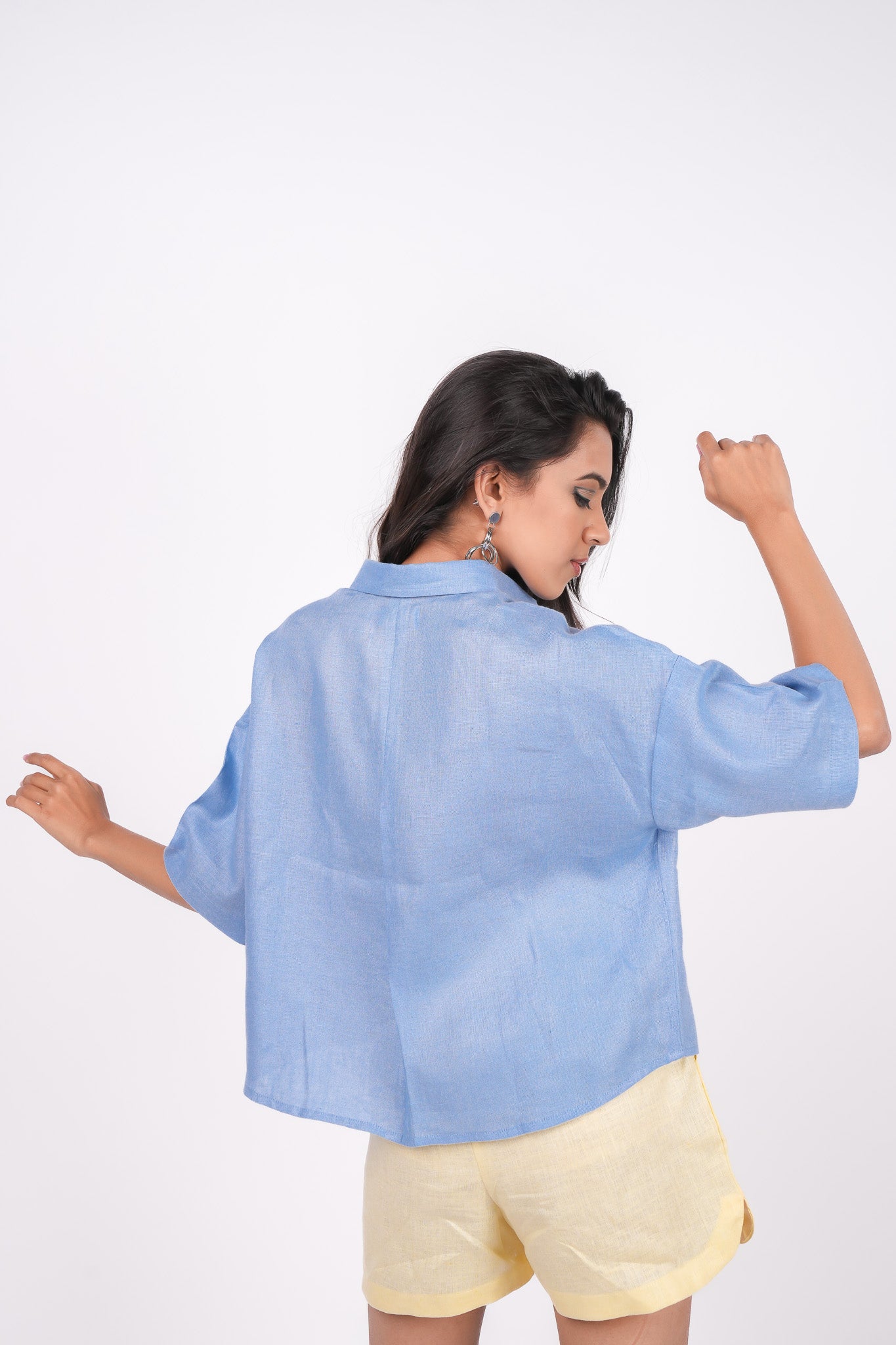 Ocean Blue Linen Drooping Shoulder Shirt