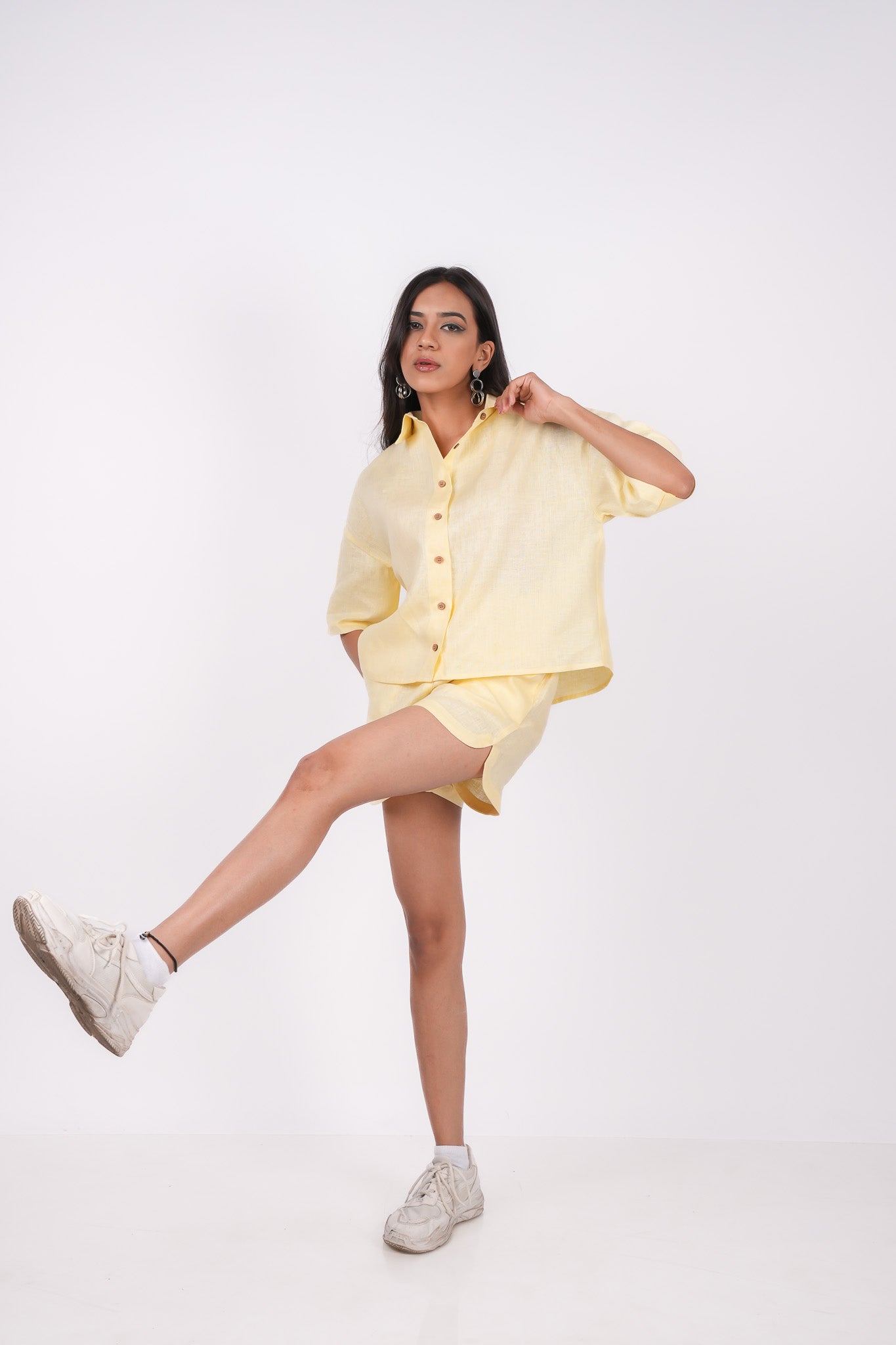 Sunshine Yellow Linen Co-Ord Set - Includes Pair of Shorts and Half Sleeves Drooping Shoulder Shirt