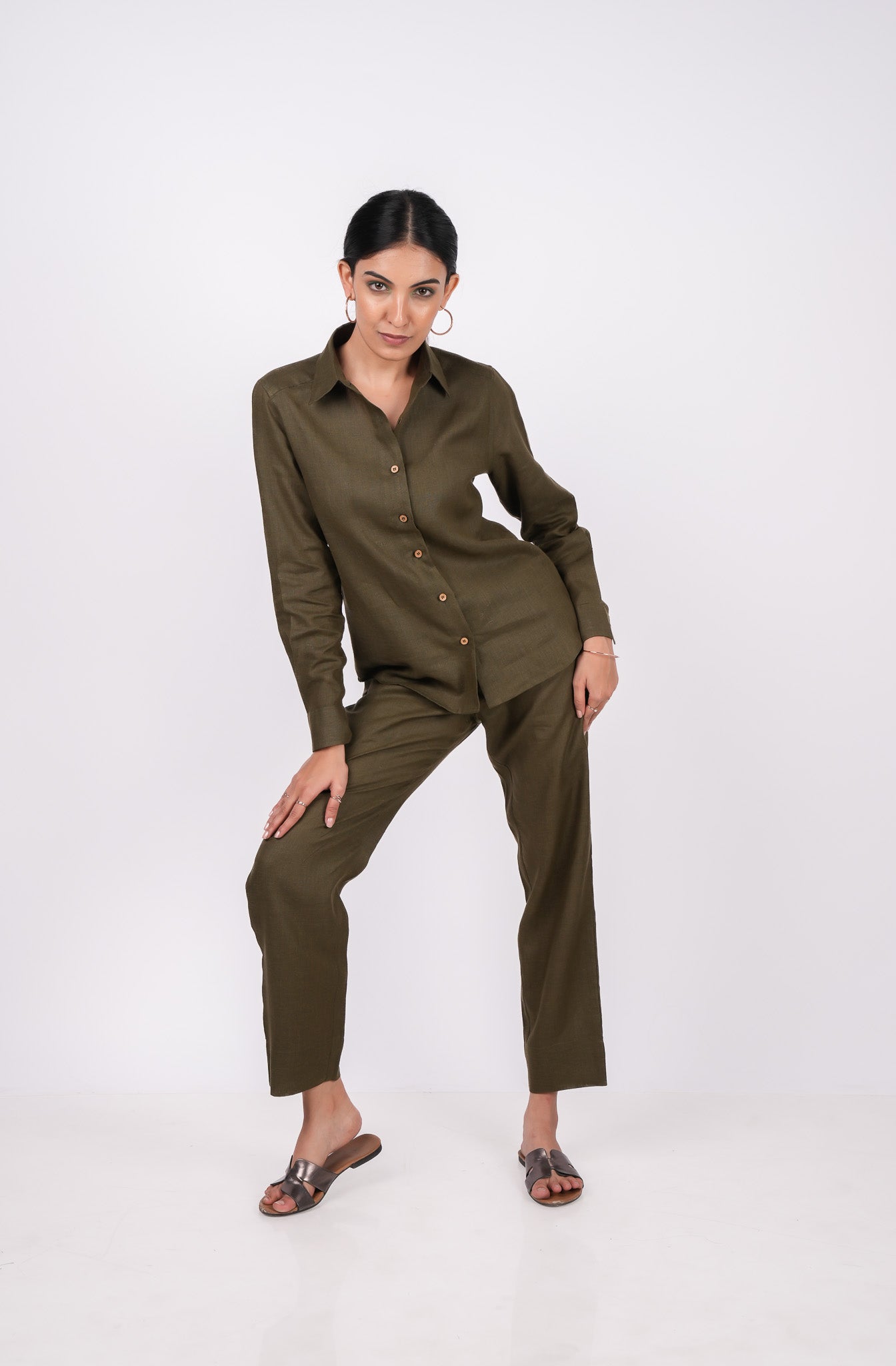 Forest Green Full Sleeves Spread Collar Linen Shirt