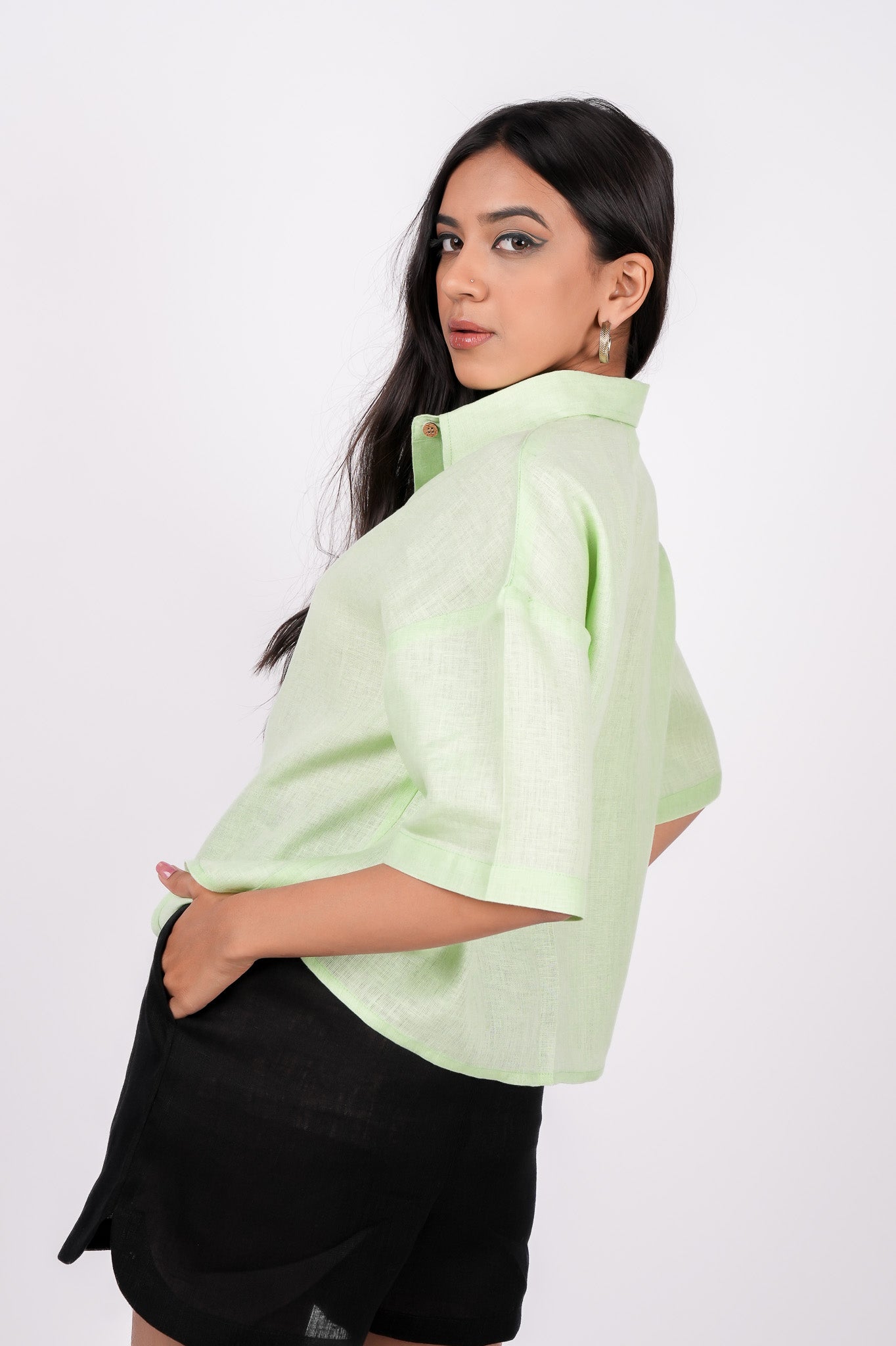 Kiwi Green Linen Drooping Shoulder Shirt