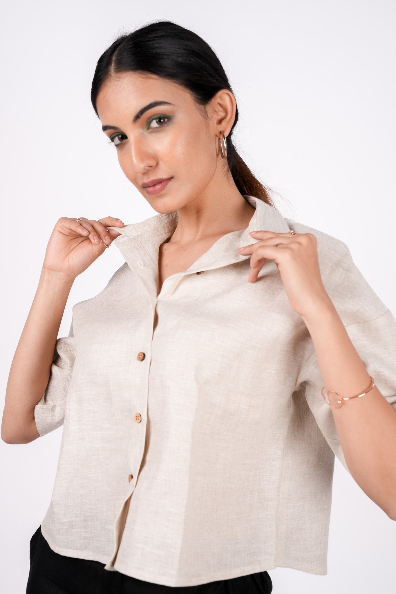 Earthy Natural Linen Drooping Shoulder Shirt