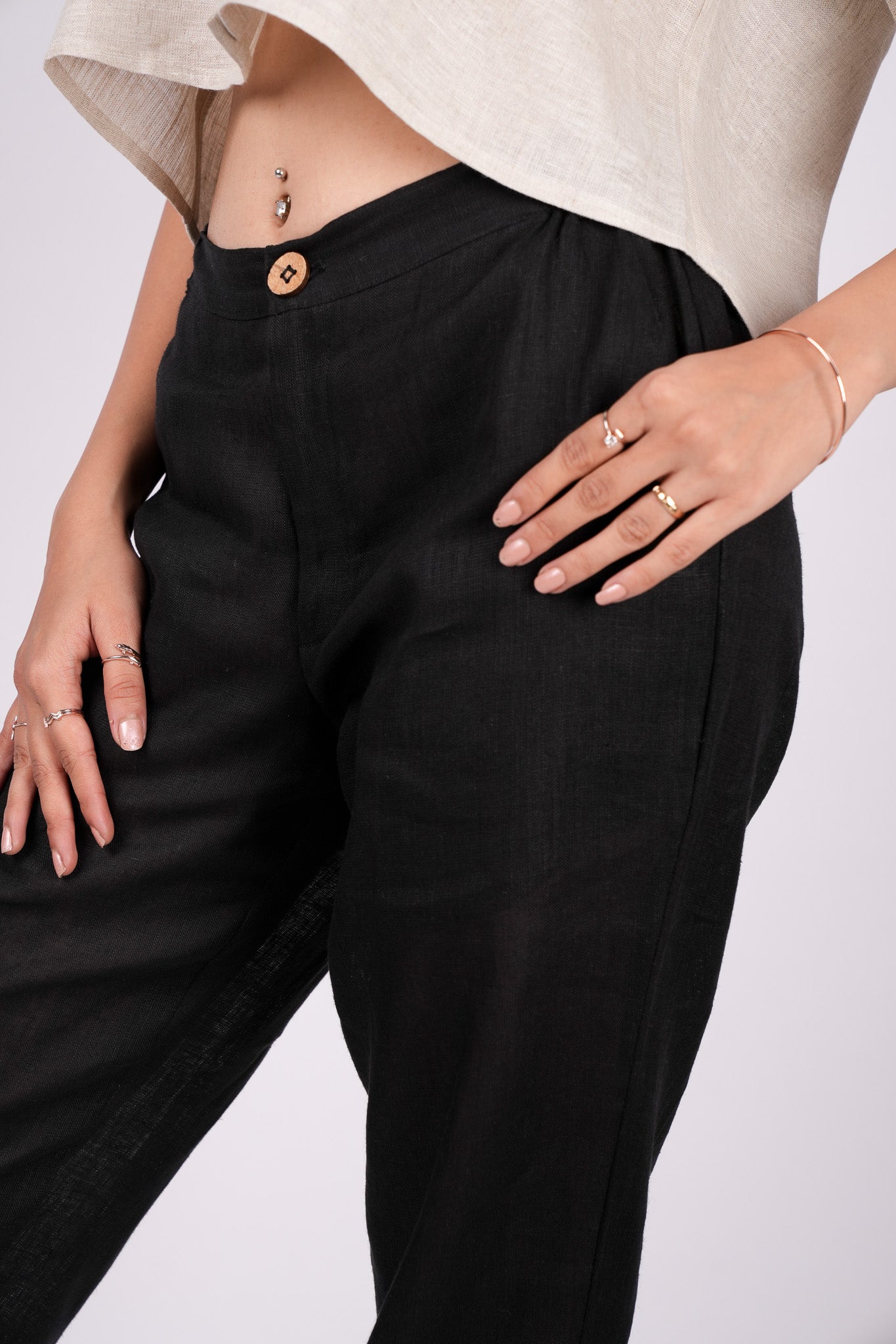 Midnight Black Flat Front Linen Pants